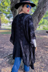Women Solid Black 3D Textured Open Front Soft Kimono Cardigan: Black / One Size