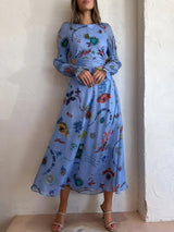 Women Long Sleeve Graffiti Balloon Sleeve Cut-Out Waistline Dress by Rosa Clothing
