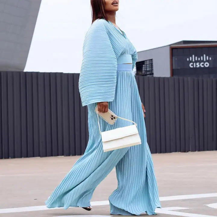 Women Pleated V Neck Pleated Wide Leg Pant