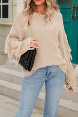 Women Solid Color Tassel Pullover Sweater Rosy / L