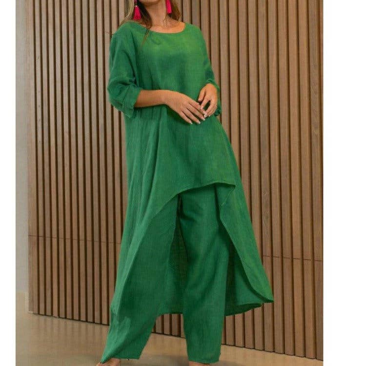 New Women's Cotton Linen Casual Wide Leg Pants Two Piece Set
