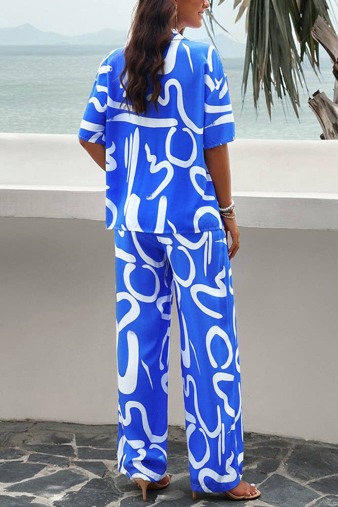 Printed Button Up Shirt and Pants 2pcs Set Black