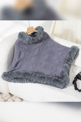 Women Faux Fur Collar Chunky Cable Knit Sweater Cape Coffee