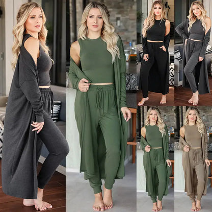 Women 3 Pieces Set Solid Color Knit Daily Set
