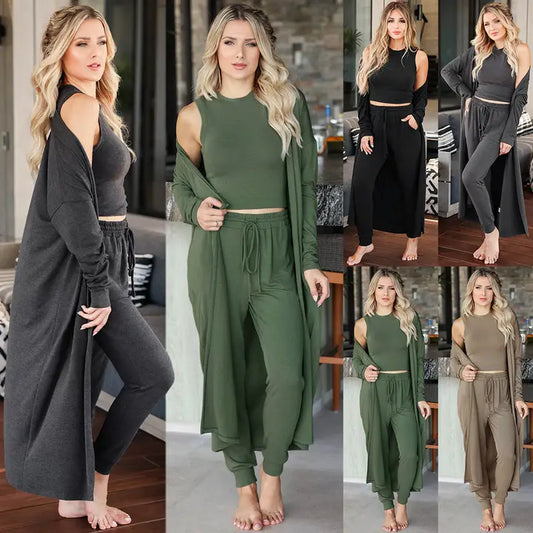 Women 3 Pieces Set Solid Color Knit Daily Set
