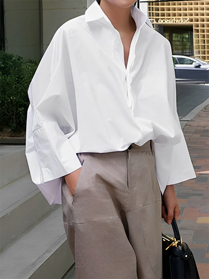 Solid Color Lapel Collar Blouses & Shirts - Long Sleeve Loose Fit Tops: WHITE / L