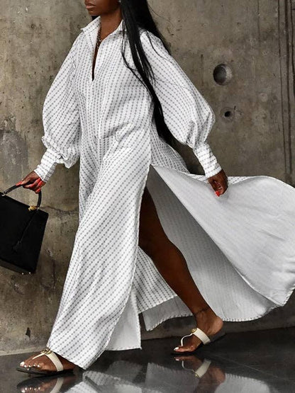 Long Sleeves Loose Buttoned Split-Side Striped Lapel Maxi Dresses Shirt Dress: WHITE / L