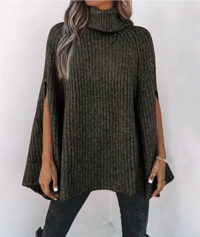 Women Poncho Ribbed Knit Turtleneck