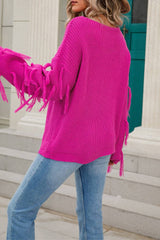 Women Solid Color Tassel Pullover Sweater Rosy / L
