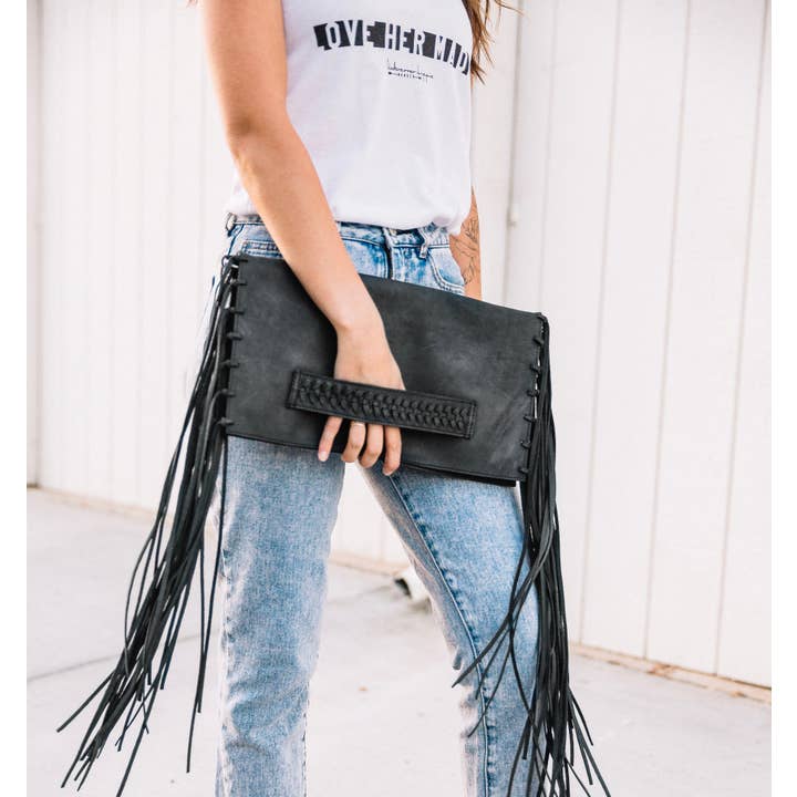 Women Lita Convertible Leather Clutch Cross Body with Fringe Tote