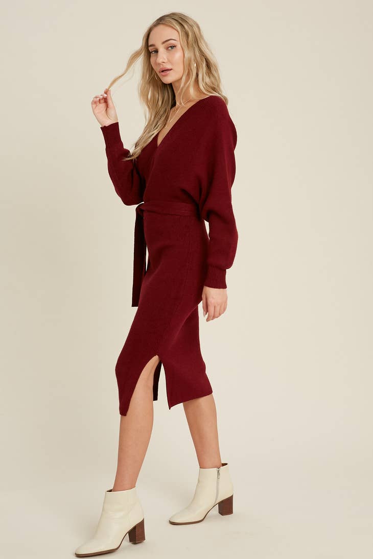 Women Surplice Belted Sweater Dress