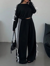 Women Long Sleeve Pull Over Stripe Bow Embellished 2 Piece Set