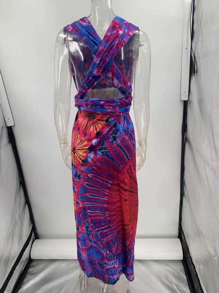 Women Sleeveless Tie Dye Maxi V Neck Dress By Unishe