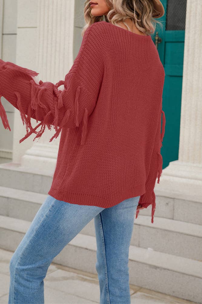 Women Solid Color Tassel Pullover Sweater Rosy / L