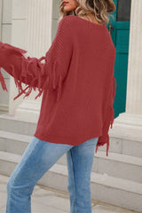 Women Solid Color Tassel Pullover Sweater Rosy / L