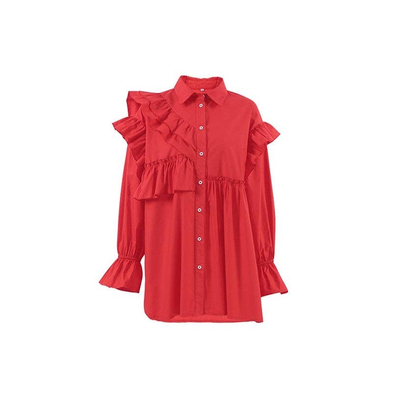 Casual Chic Relaxed Fit Long Sleeve Shirt Dress: Red / L