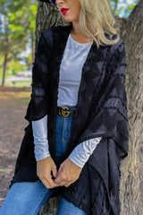 Women Solid Black 3D Textured Open Front Soft Kimono Cardigan: Black / One Size