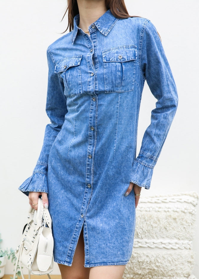 Women Denim Button Down Shirt Dress, Flared sleeves By Ann Kaci