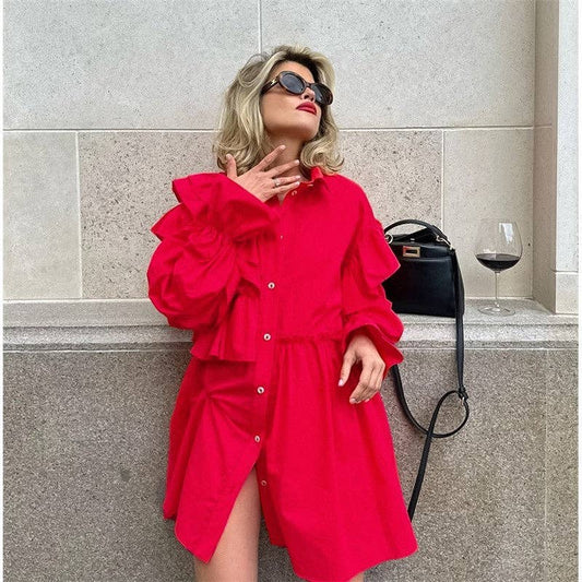 Casual Chic Relaxed Fit Long Sleeve Shirt Dress: Red / L