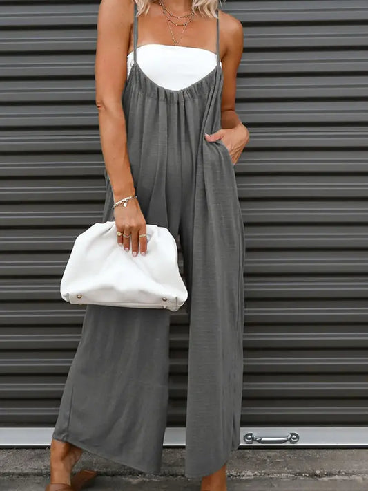 Women Spaghetti strap gathering Wide Leg Jumpsuit