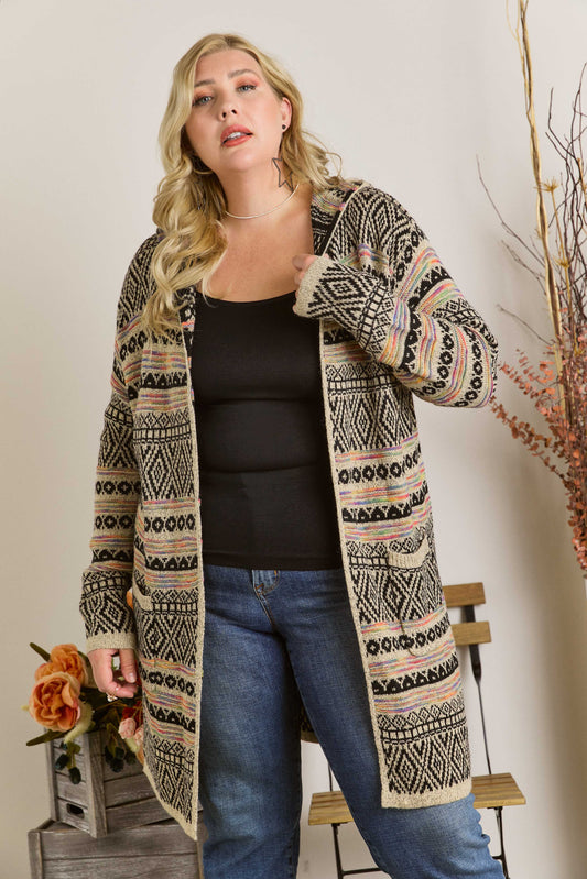 Women sweater PLUS SIZE PRINTED LOOSE CARDIGAN: BEIGE/MULTI Plus Size