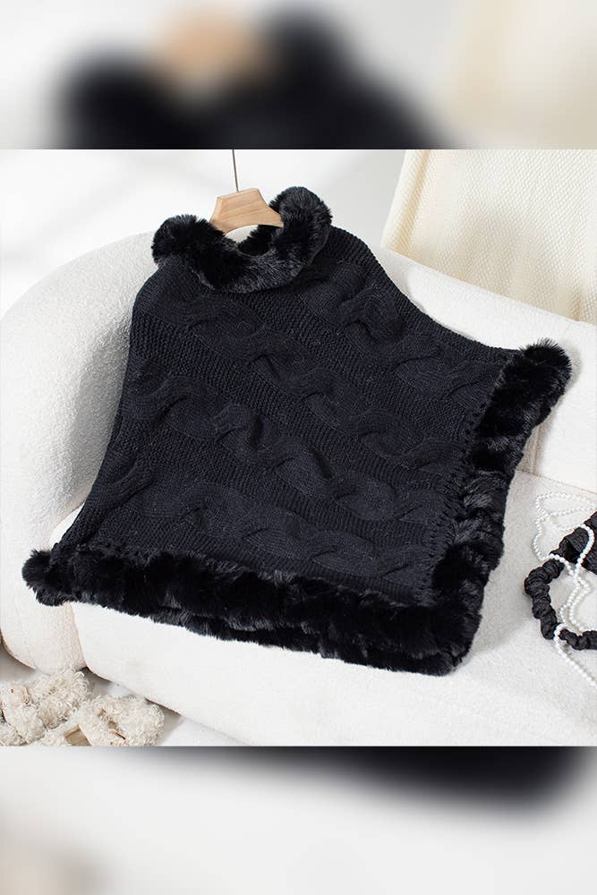 Women Faux Fur Collar Chunky Cable Knit Sweater Cape Coffee