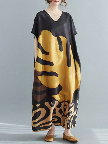 Vintage Loose Leaf Printed Midi Dress: YELLOW / One_size