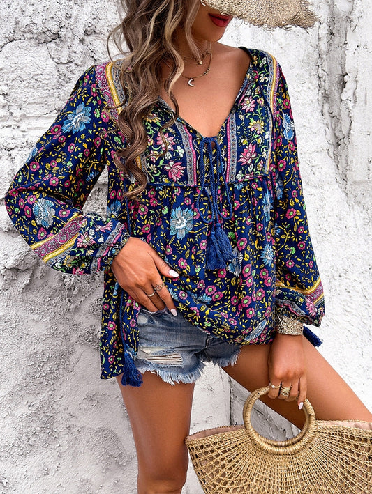 Women Printed V Neck Tunic Top Drawstring Detail By Lovesoft