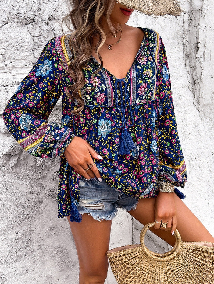 Women Printed V Neck Tunic Top Drawstring Detail By Lovesoft