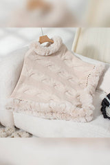 Women Faux Fur Collar Chunky Cable Knit Sweater Cape Coffee