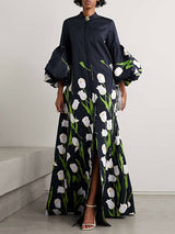 Women Floral Print Pleated Split Stand Collar Trench Coat with Long Sleeves