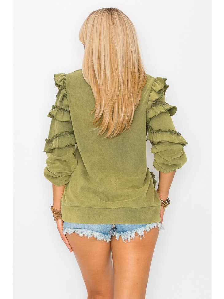 Women Ruffle Sweatshirt Long Sleeve French Terry Washed