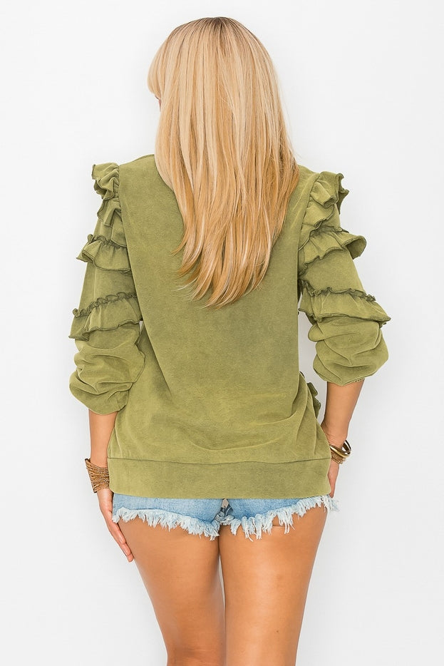 Women Ruffle Sweatshirt Long Sleeve French Terry Washed