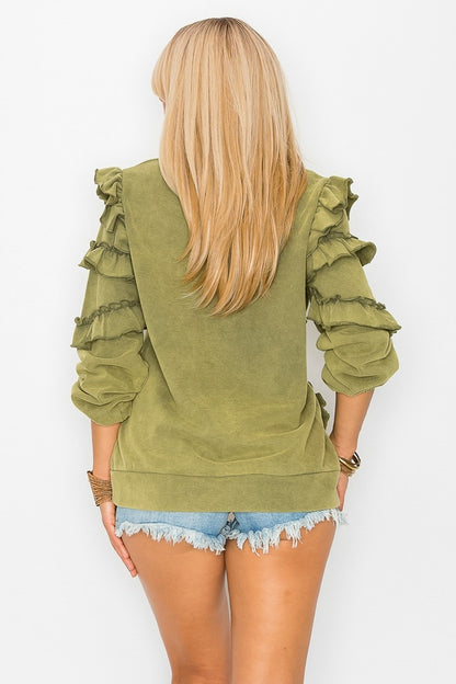 Women Ruffle Sweatshirt Long Sleeve French Terry Washed