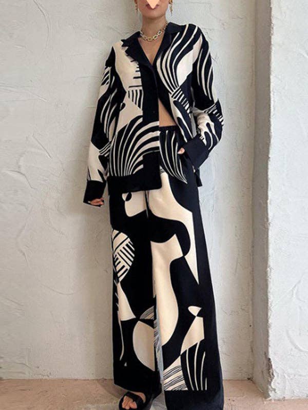 Long Sleeves Loose Pockets Printed Blouses & Pant Set: BLACK / L