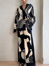 Long Sleeves Loose Pockets Printed Blouses & Pant Set: BLACK / L
