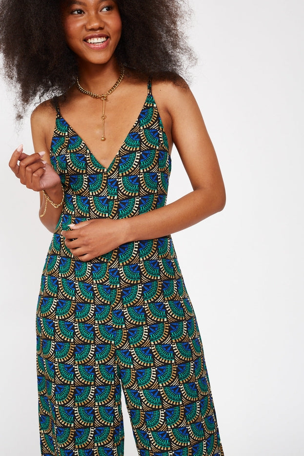 Women V Neck Jumpsuit Peacock Print By Silk & Salt