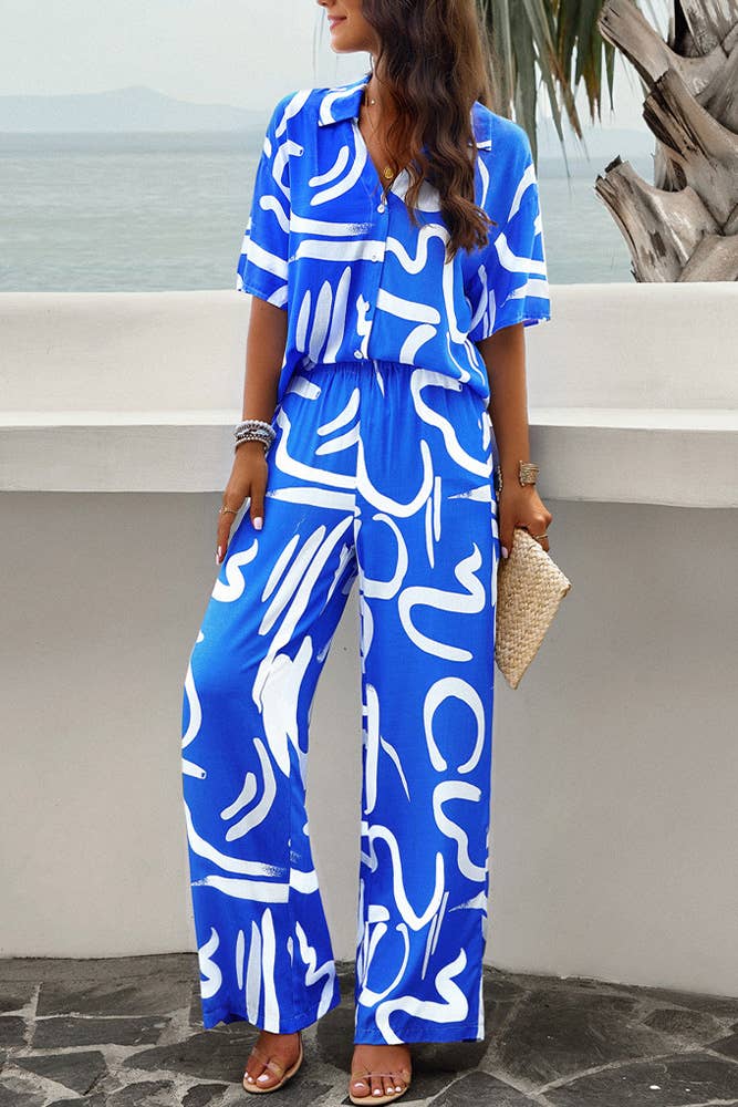 Printed Button Up Shirt and Pants 2pcs Set Black
