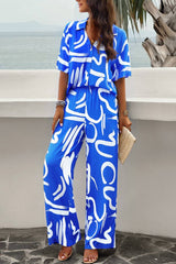 Printed Button Up Shirt and Pants 2pcs Set Black