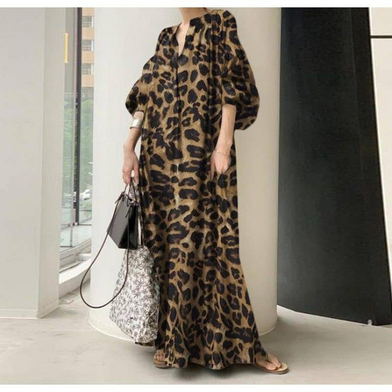 Leopard Print Puff Sleeve Loose Dress