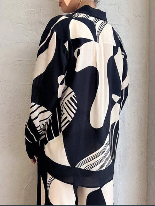 Long Sleeves Loose Pockets Printed Blouses & Pant Set: BLACK / L