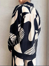 Long Sleeves Loose Pockets Printed Blouses & Pant Set: BLACK / L