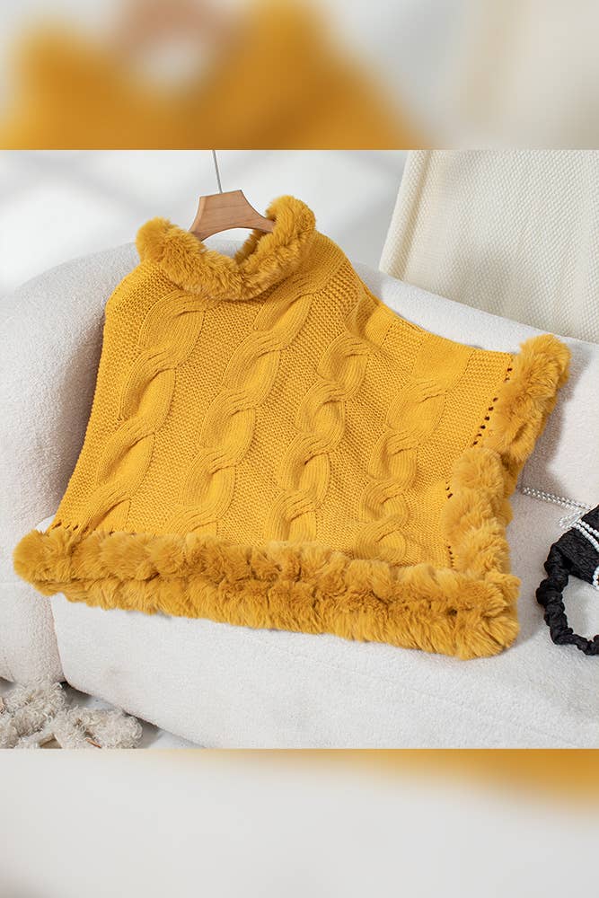 Women Faux Fur Collar Chunky Cable Knit Sweater Cape Coffee