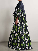 Women Floral Print Pleated Split Stand Collar Trench Coat with Long Sleeves