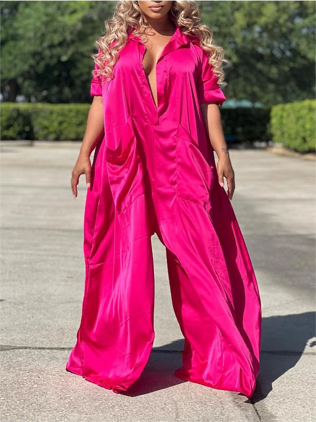 Women Jumpsuit Satin Wide Leg Fashionable Over Sized By Rosa Clothing