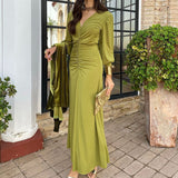 Women V Neck Long Sleeve Maxi Dress with Ruched Bodice