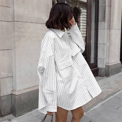 Striped Shirt Dress with Versatile Long Sleeves: WHITE / L