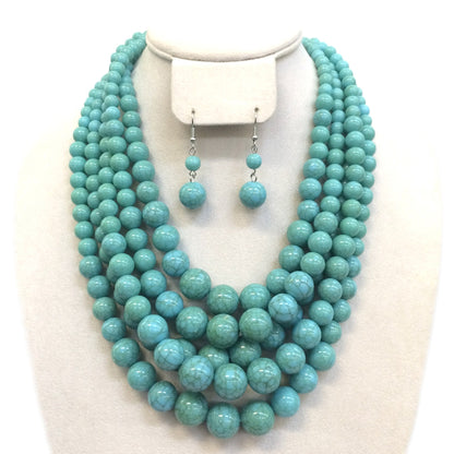 Women Necklace & Earring Set 5 Strand Beaded Necklace & Earrings