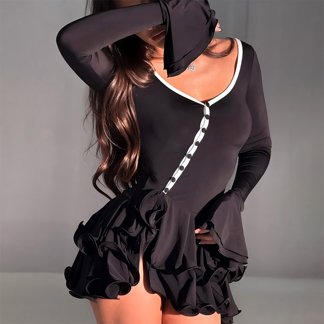 Single-Breasted Flare Sleeve Bodycon Ruffle Dress
