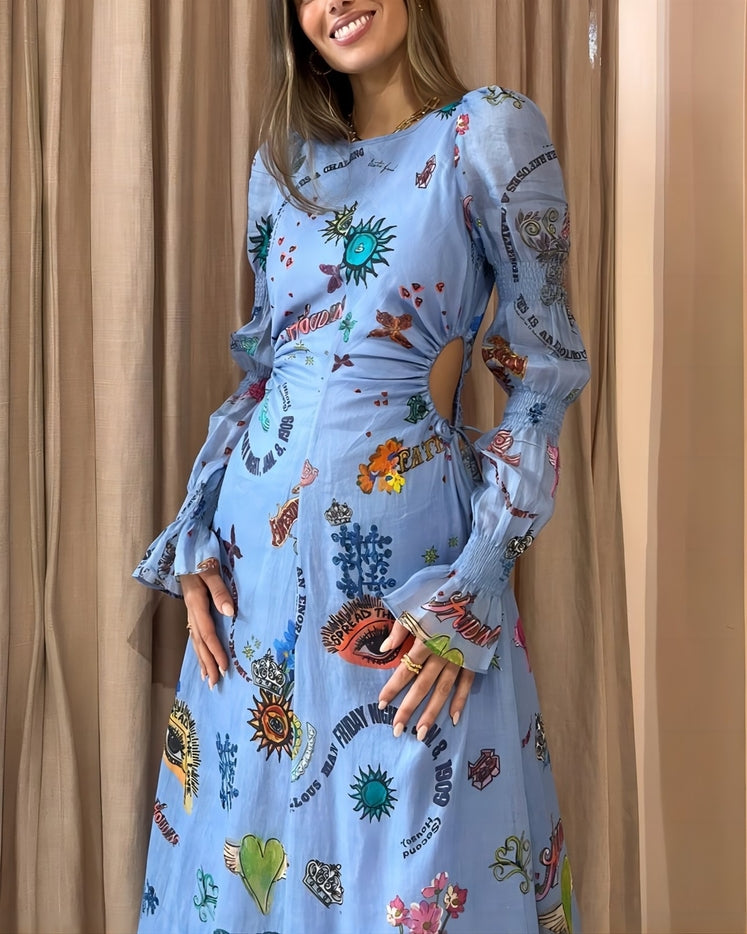 Women Long Sleeve Graffiti Balloon Sleeve Cut-Out Waistline Dress by Rosa Clothing
